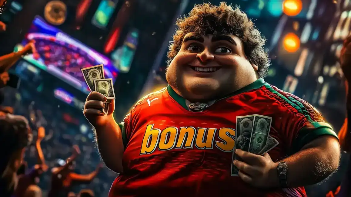 Happy cartoon character in bonus shirt holding money in bright casino environment