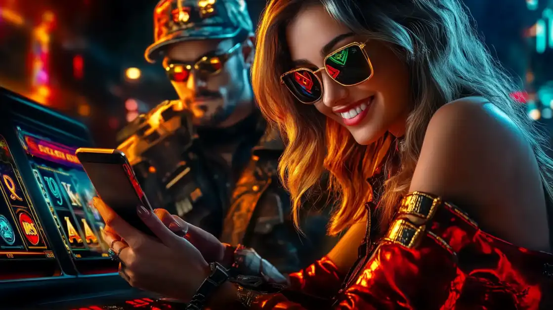 Stylish woman with sunglasses playing mobile casino games in vibrant neon casino setting
