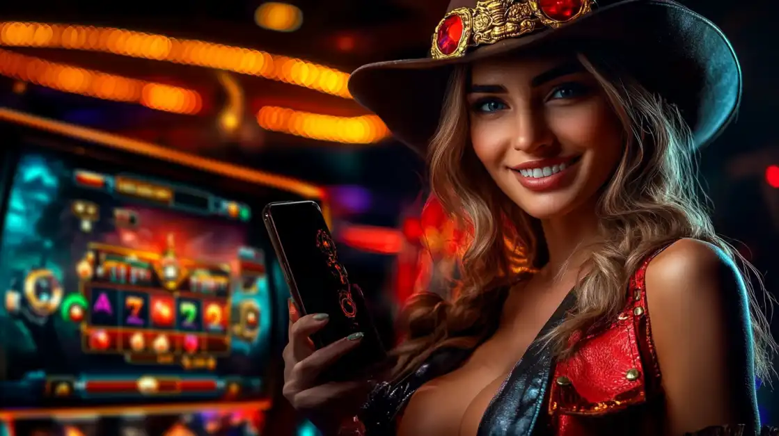 Attractive woman in cowboy hat playing mobile casino slots in atmospheric lighting