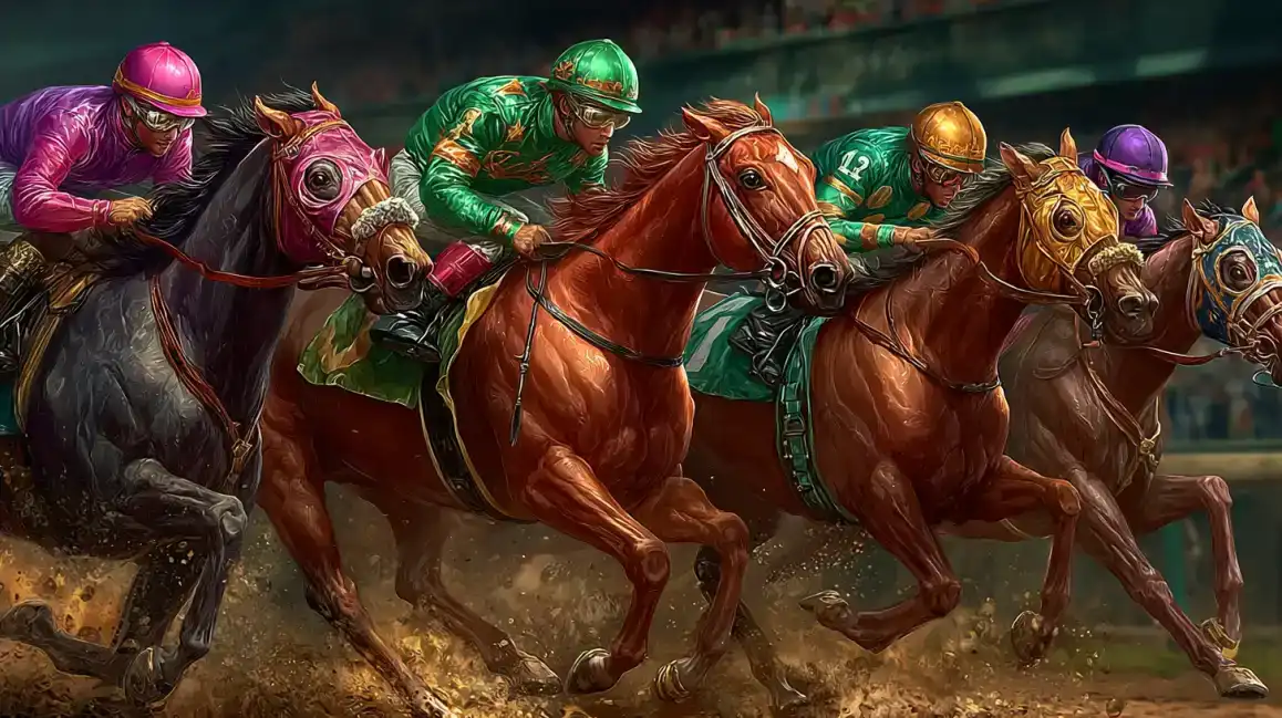 Dynamic horse racing scene with jockeys in colorful silks competing at the track