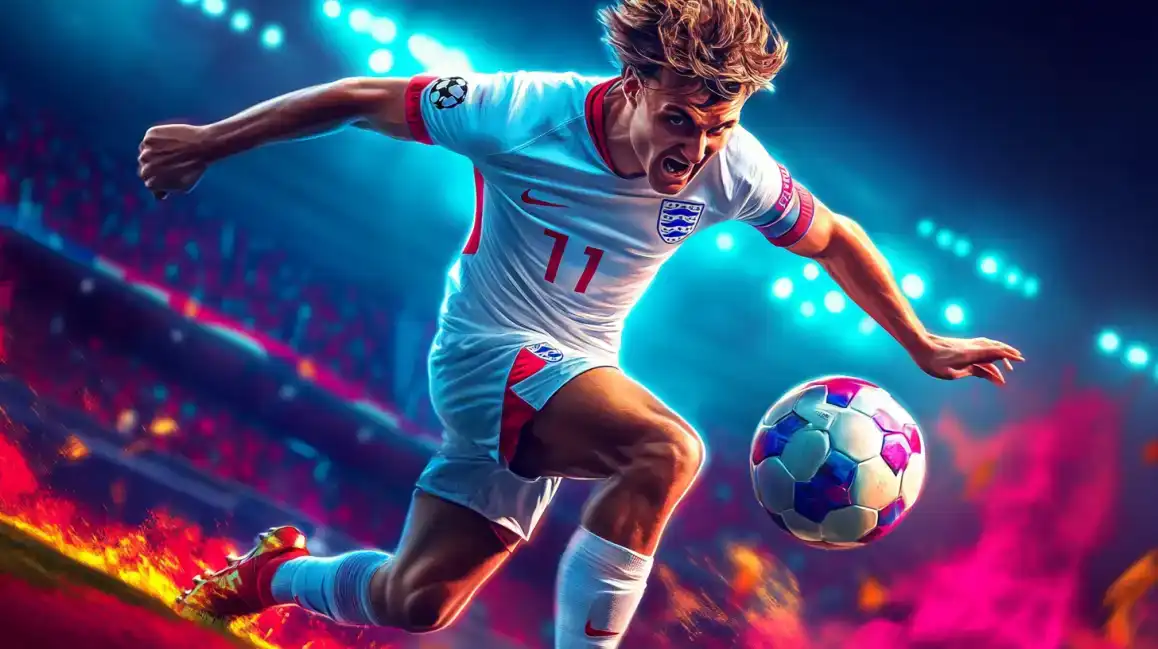 Dynamic soccer player in white jersey dribbling ball under stadium lights for sports betting