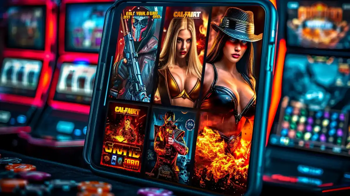 Tablet showing various casino slot games with action-themed graphics in casino environment